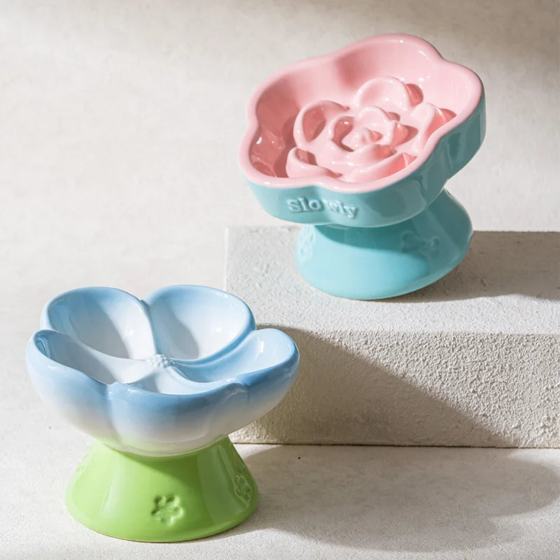 High-Footed Ceramic Slow Feeder Pet Bowl