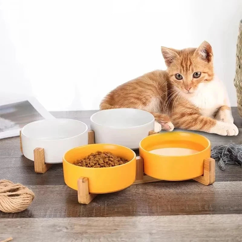 Ceramic Pet Bowl with Wooden Stand